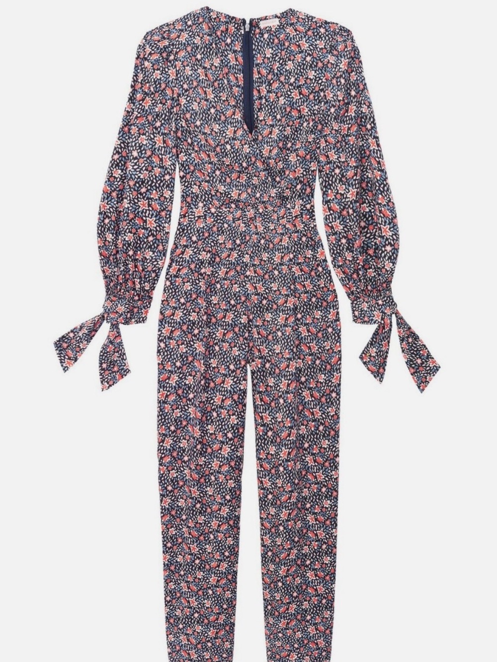 Floral V-Neck Long Sleeve Jumpsuit in Navy with Coral Accents - Picture 2 of 16